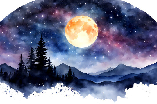 watercolor painting moon and stars night sky clouds illustration.