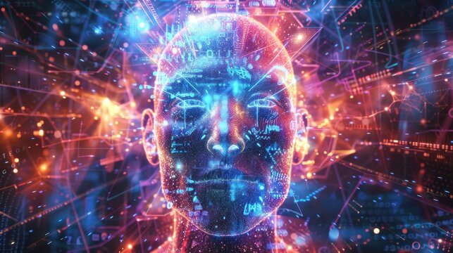 Digital portrait of a thinker, head surrounded by digital light patterns, symbolizing the connection between technology and human thought