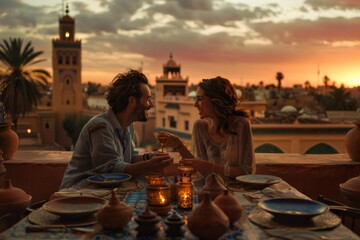 Smiling Couple Enjoying a Romantic Dinner at Rooftop Restaurant Overlooking the Medina of Marrakech