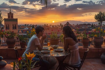 Smiling Couple Enjoying a Romantic Dinner at Rooftop Restaurant Overlooking the Medina of Marrakech