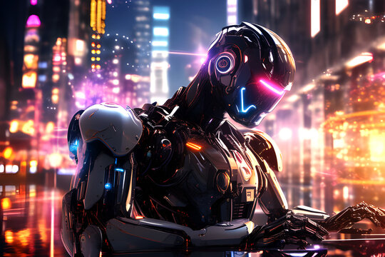  Robot male model with neon lights and with  technology background  network digital. 