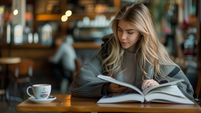 Portrait of beautiful woman reading a book in the cafe.