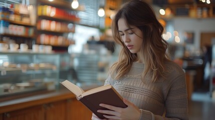 Fototapeta premium Portrait of beautiful woman reading a book in the cafe.