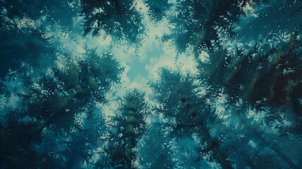 A dense pine forest from below, the needle-covered branches forming a vibrant green canopy against the deep blue of a twilight sky, evoking a sense of calm and mystery. - obrazy, fototapety, plakaty