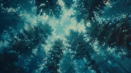 Fotobehang A dense pine forest from below, the needle-covered branches forming a vibrant green canopy against the deep blue of a twilight sky, evoking a sense of calm and mystery. © CtrlN