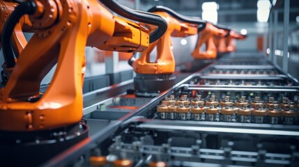 EV Battery Pack Automated Production Line  with  Robot Arms.  - obrazy, fototapety, plakaty