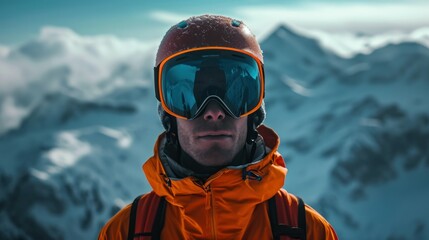 Close up of the ski goggles of a man with the reflection of snowed mountains. A mountain range reflected in the ski mask. - obrazy, fototapety, plakaty