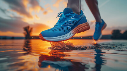 runners' feet in mid-air, vividly detailed shoes against the mesmerizing colors of a lake sunset.