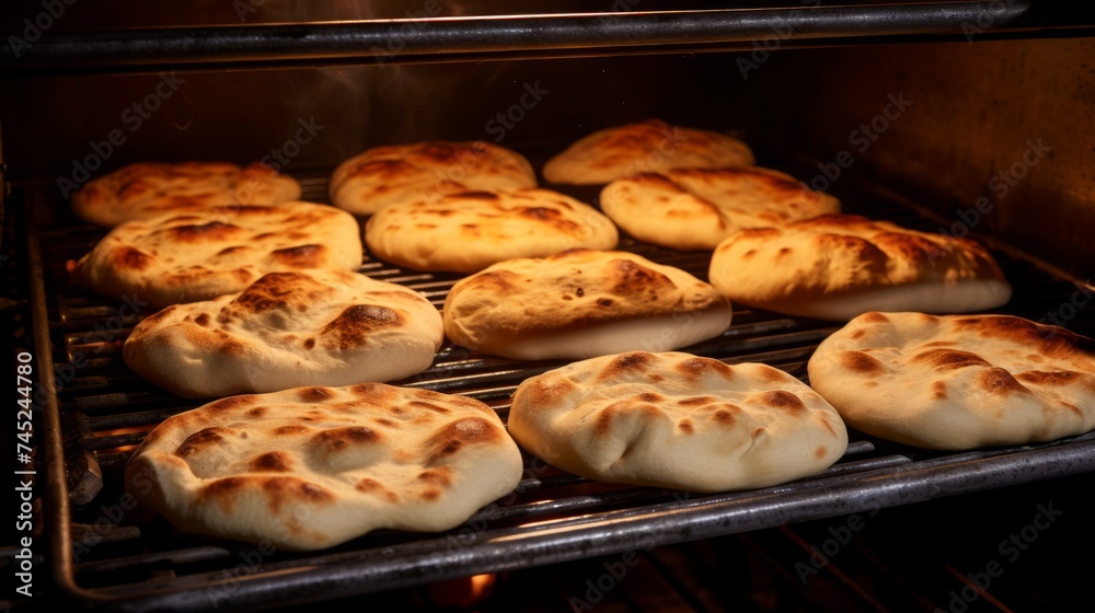 Poster generative ai pita breads puffing up in the oven, displaying their characteristic pocket formation