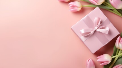 background for festival celebration,stylish pink giftbox with ribbon bow and bouquet of tulips 