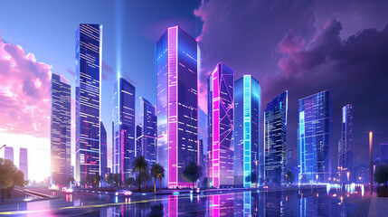 Futuristic cityscape, high-tech skyscrapers with neon accents - obrazy, fototapety, plakaty