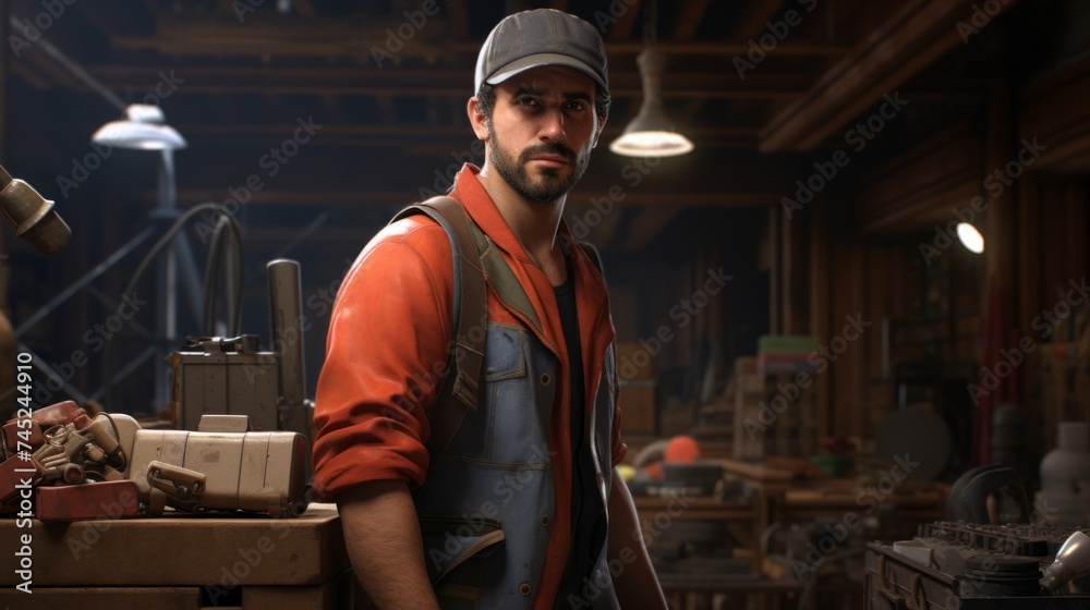 Aufkleber generative ai portrait of a builder with a toolbox, organized and ready, construction tools and mate