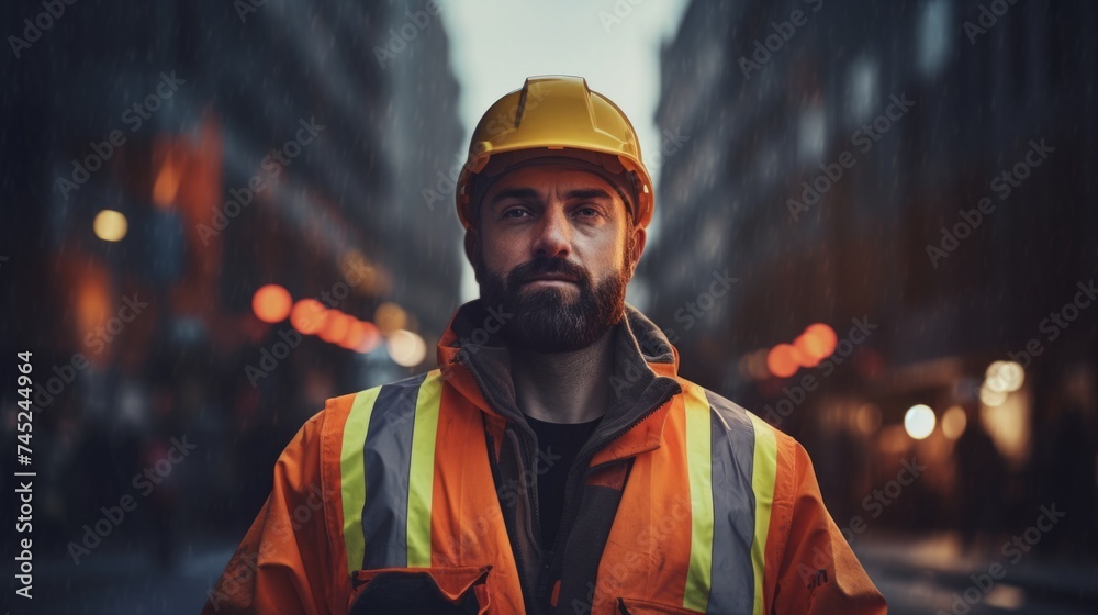 Poster generative ai portrait of a road worker in reflective gear, holding a stop sign, controlling traffic