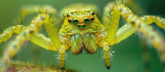 A detailed view of a yellow Lynx spider from the Oxyopidae family, prominently displayed against a vibrant green backdrop. The spiders unique features are highlighted in this close-up shot.