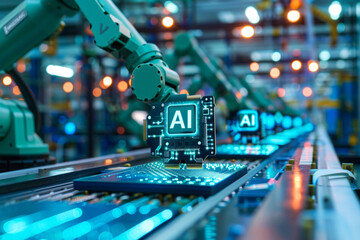 Amidst the buzz of automation, microchips etched with "AI" progress along the conveyor belt, each one a testament to human ingenuity.