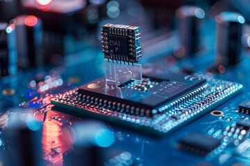 Against a backdrop of scientific discovery, microchips labeled with "AI" progress along the conveyor belt, shaping the landscape of tomorrow.