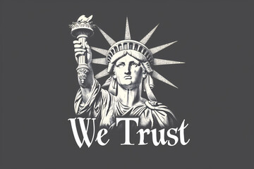 Statue of Liberty illustration with "We Trust" on a dark backdrop