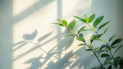 soft, blurred foliage shadows gently cast on a pristine white wall, under the subtle illumination of natural light.
