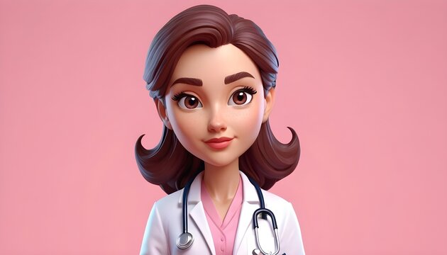 Young female doctor toon character, pastel pink background