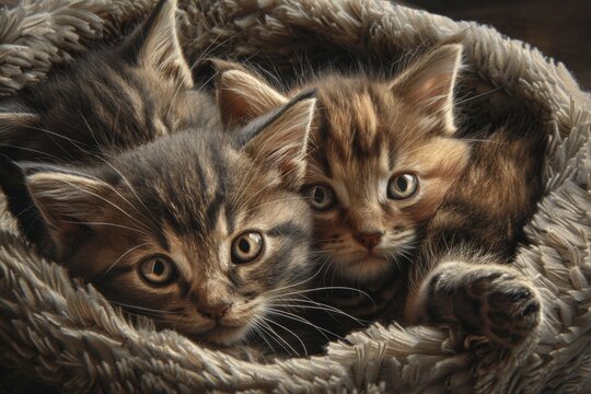 Trio of Adorable Young Kittens Snuggled in a Cozy Bed Exuding Curiosity and Cuteness