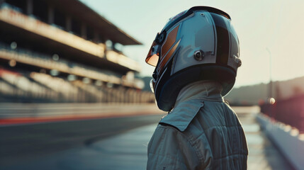 Racer in full gear with helmet, gazing ahead at the racetrack during sunset.