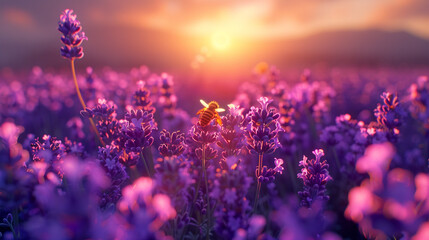Naklejka premium Calm morning atmosphere and sunrise in a lavender field.