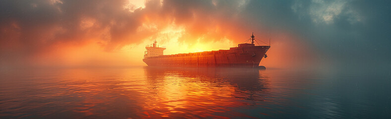Sunset at sea with silhouette of a large cargo ship on the horizon under a dramatic sky. - obrazy, fototapety, plakaty