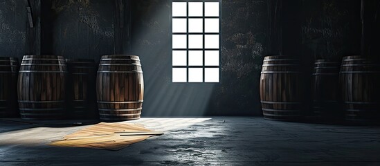 A room with barrels and a window letting in light, creating a contrast between darkness and brightness. The vintage wooden barrels are the focal point, complemented by the retro wooden top on the