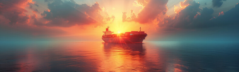 Commercial ship sailing at sunset with vibrant skies reflected on calm ocean waters. - obrazy, fototapety, plakaty