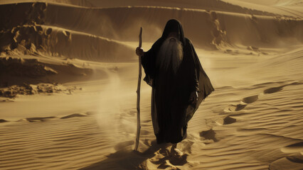Lonesome figure trekking vast desert dunes at sunrise, engulfed in mystery.