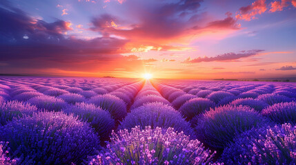 Calm morning atmosphere and sunrise in a lavender field. - obrazy, fototapety, plakaty