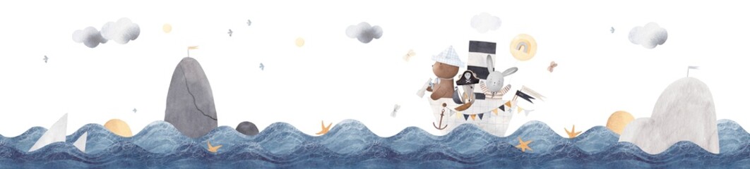 Cute animals travel on a paper boat on the sea. Decor for a children's room. Watercolor illustration. - 745245957