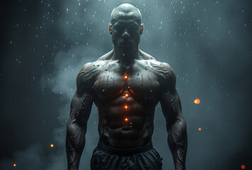 Majestic muscular man standing in rain with glowing body art, exuding strength and mystery.