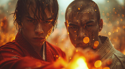 Two intense warriors face off amidst fiery embers, conveying drama and determination. - obrazy, fototapety, plakaty
