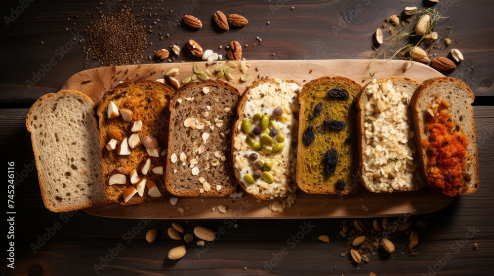 Poster Generative AI Seeded multigrain bread slices, highlighting the variety of grains and seeds within each slice