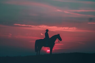 Silhouette of a Cowboy Riding Horse at Dusk with Pastel Sunset Sky
