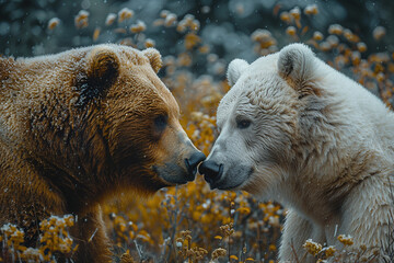 Fototapeta premium Two bears with contrasting fur colors touching noses amidst a field of yellow flowers.