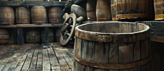 A wooden floor holds multiple barrels stacked on top of each other. The barrels appear to be in storage, possibly on a warship.