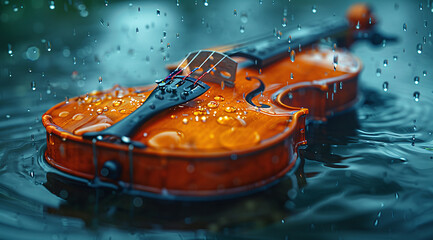 A violin with water droplets on its surface, floating on water with a blurred background.