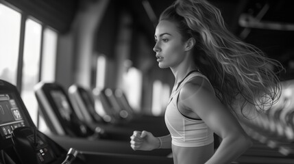 Close up young woman exercising on treadmill, running. in syle of black and white