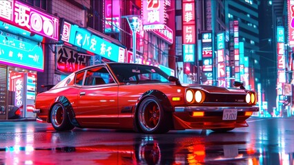 Japanese car with tuning. Against the background of neon signs of the city. AI generative.