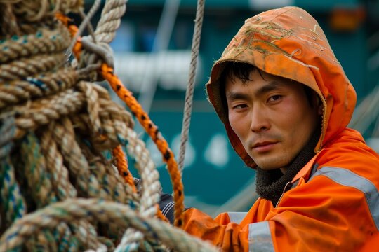 A male Asian worker on an orange jacket working a boat, japanese, twisted tangles, soft-focus portraits, Day of the Seafarer.