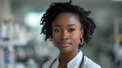 Black female doctor standing confidently in the ward  - obrazy, fototapety, plakaty