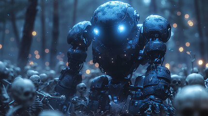 Futuristic robot amidst an army in a misty forest, depicting sci-fi battle scene with glowing blue eyes.