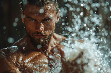 Handsome man with beard getting splashed with water, intense gaze, close-up, high detail, dynamic movement.