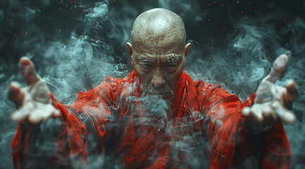 Fototapeta na wymiar Bald man in red performing martial arts with dynamic motion blur against a dark, moody background.