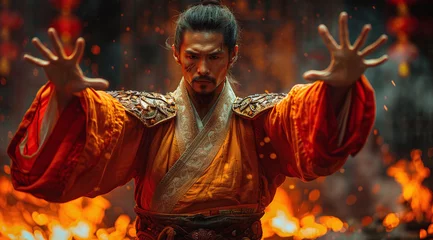 Zelfklevend Fotobehang Mystical martial artist in traditional attire performing with intense focus amidst fiery background. © Gayan
