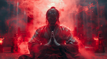 Mystical martial artist meditating with hands in prayer position amidst red smoke and ethereal...