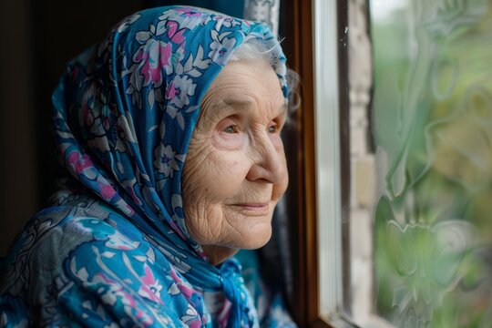 A woman in a blue head scarf and a blue scarf stands next to a window looking out, in the style of suburban ennui capturer, close-up shots, grandparentcore, International Widows Day. - Powered by Adobe