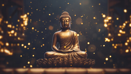 Enigmatic and radiant, the golden Buddha sits in quiet contemplation among flickering candle-like lights.